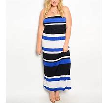 Libian Plus Size (1X, 2X, 3X) Royal Blue Strapless Stripe Maxi Dress
