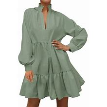 Gdreda Womens Petite Dresses Womens Fall Long Sleeve Tunic Dress Casual V Neck Loose Ruffle Tiered Dress Mint Green,L