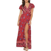 Women's Bohemian Floral Printed Wrap V Neck Maxi Dress | Red | XL