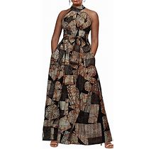 VERWIN Floor Length Lace-Up High Waist Stand Collar Sleeveless Women's Maxi Dress Print Dress Brown