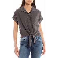 Cloth Stone Woven Trimmed Short Roll Cuff Sleeve Point Collar Button Tie Front Top, Womens, XL, Ash