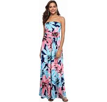 Glorystar Women's Summer Boho Strapless Midi Dresses High Waist Vintage Floral Print Maxi Long Dress With Pockets Blue M