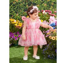 Elegant Baby Girl's Floral Embroidered Mesh Sleeveless Dress With 3D Butterfly Decoration,2-3Y