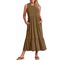 Aueoeo Dresses For Women 2023, Womens Sleeveless Summer Dress 2023 Crewneck Ribbed Knit Ruffle Swing Beach Sun Midi Tank Long Dresses