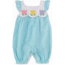 Petit Ami Baby Girls 12-24 Months Cap Sleeve Tulip Embroidered Checked Romper, , Mint Green12 Months