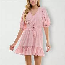 City Triangle Juniors Short Sleeve Fit + Flare Dress | Pink | Juniors Medium | Dresses Fit + Flare Dresses | Tie-Waist|Smocked | Spring Fashion | East