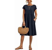 Akivide Women's Summer Cotton Linen Short Sleeve Dress Crew Neck Loose Casual Tunic Beach Dresses With Pockets, Short-Dark Blue