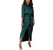 Pmuybhf Floral Dress For Women Plus Size Womens Long Dresses With Sleeves Casual Elegant Satin Finish Womens Midi Dress With Five Quarter Sleeves And