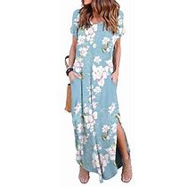Beeyaso Clearance Summer Dresses For Women Round Neckline Printed A-Line Maxi Casual Short Sleeve Dress Blue 4XL