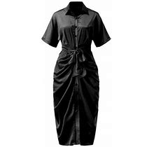 Yuehao Dresses For Women 2022 Womens Silk V Neck Long Dress Short Sleeve Summer Party Dress (Black Xl)