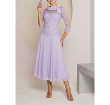 Sheath / Column Mother Of The Bride Dress Wedding Guest Party Sweet Scoop Neck Tea Length Chiffon Lace 3/4 Length Sleeve With Pleats Beading 2024