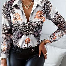 Print Lapel Neck Shirt, Women's Leopard Geo Print Button Front Casual Long Sleeve Spring Fall Women's Clothing Shirt,Mixed Color,Must-Have,By Temu