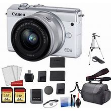 Canon EOS M200 Mirrorless Digital Camera With 15-45mm Lens (White) Kit With Spare Battery + 2X 64Gb Memory Cards + Tripod + More