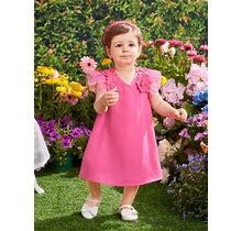 Baby Girl's Cute Casual Pink Mesh Lace Splice Flutter Sleeve dress,9-12m