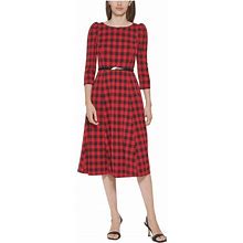 Calvin Klein Dresses | Calvin Klein Womens Red Belted Shirred Shoulder Plaid 3/4 Sleeve Dress 8 | Color: Red | Size: 8