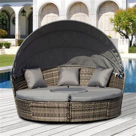Outsunny 4-Piece Cushioned Outdoor Rattan Wicker Round Sunbed Or Conversational Sofa Set With Sun Canopy - Dark Gray