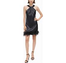 Eliza J Women's Twist-Neck Feather-Trim Shift Dress - Black - Size 2