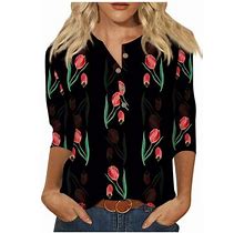 Ehtmsak 3/4 Length Sleeve Women's Shirts Knit 3/4 Sleeve Thanksgiving Shirt Womens Plus Red Henley Button Up Casual Shirts Waffle Floral Petite Tops X