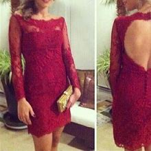 Burgundy Backless Lace Short Sheath Homecoming Dress With Long Sleeves