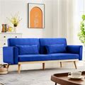 DKLGG Blue Futon Sofa Bed, Velvet Convertible Sofa Couch Sleeper With Wood Legs & 2 Pillows, Upholstered Loveseat For Small Spaces Living Room