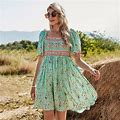 New Green Floral Boho Smocked Square Neck Dress | Color: Green/Pink | Size: Various