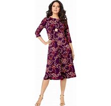 Plus Size Women's Ultrasmooth® Fabric Boatneck Swing Dress By Roaman's In Dark Berry Fan Floral (Size 18/20)