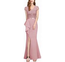 MISSMAY Women's Retro V-Neck Lace Split Style Evening Formal Long Dress