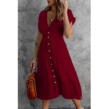 Textured Button-Up Short Sleeve Plunge Midi Dress Wine Red / L