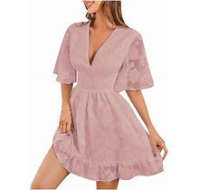 Women's Summer Dress Deep V Neck Short Sleeve Chiffon Ruffle Hem Smocked Elastic Waist Casual A Line Flowy Mini Dress
