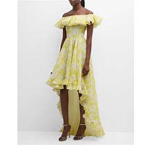 Giambattista Valli Floral-Print Ruffle Off-The-Shoulder Silk Georgette High-Low Dress, Yellow Hydrangea, Women's, 10, High-Low Dresses