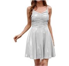 Womens Summer Sexy Sling Dress Sleeveless V Neck Smocked Spaghetti Straps Mini Dress Evening Party Nightclub Dress