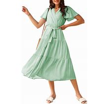 Pretty Garden Womens 2023 Summer V Neck Wrap Short Sleeve Tie Waist A Line Boho Midi Dress