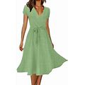 Green Womens Dresses Casual Dress Summer Dress V Neck Solid Color Polka Dot Print Dress Short Sleeve Lace Up Tie Dress Summer Dresses For Women 2024 S