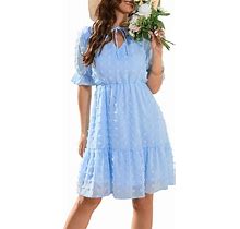 Women's Swiss Dot Short Sleeve V Neck High Waist Casual Dress Ruffle Solid Summer Mini Dress