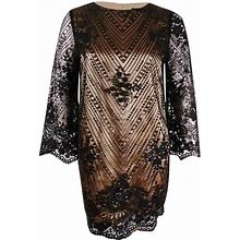 Tahari ASL Women's Embroidered Sequined Shift Dress 2, Black/Nude