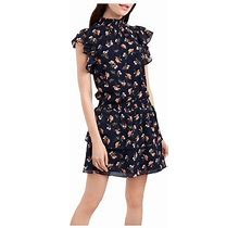 1. State Womens Navy Ruffled Pleated Smocked Neck Floral Cap Sleeve Mini Drop Waist Dress M