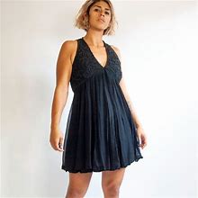 Carmen Marc Valvo Dresses | 90S Black Silk Beaded Babydoll Dress 8 m Medium L Large / Swing Dress / Sleevele | Color: Black | Size: 8