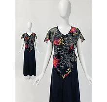 Vintage 70S Maxi Dress, Dress With Sheer Overlay, Floral Print Maxi Dress, 1970S Black Maxi Dress, Medium Size 8 10 US, 12 14 UK, G309