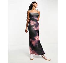 ASOS DESIGN Strappy Slinky Maxi Dress In Purple Tonal Abstract Print-Multi - Multi (Size: 12)