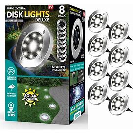 Solar Powered Stainless Steel Outdoor Integrated LED Super Bright In-Ground Path Disk Lights (8 Per Box)