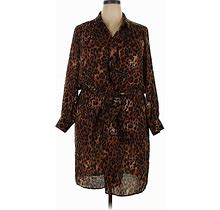 Joan Rivers Casual Dress Tie Neck Long Sleeve: Brown Leopard Print Dresses - Women's Size 2X