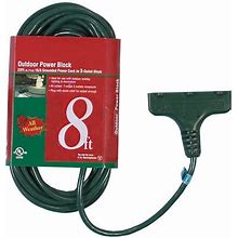 Outdoor Extension Cord, 3 Grounded Outlets, 8 ft. Cord Length, 13 Amp, 1875 Watt Max, Green