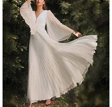 Women Elegant Solid Color Deep V Flare Long Sleeve Maxi Dress Evening Party Dress Women's Formal Dress White M