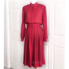 Vintage Dresses | Vintage Red 80S Modest Sheer Long Sleeved Belted And Shoulder Pads Dress | Color: Red | Size: M