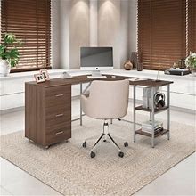 Techni Mobili L-Shape Home Office Desk With Storage, Walnut By Ashley, Furniture > Home Office > Desks