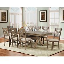 Roundhill Furniture Raven Wood 9-Piece Dining Set, Extendable Trestle Dining Table With 8 Chairs, Glazed Pine Brown - Glazed Pine Brown