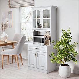 Galiano 73 in. White Kitchen Pantry Storage Cabinet Buffet With Hutch For Microwave With Drawer