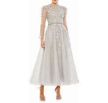Mac Duggal Beaded Floral Applique Long Sleeve Cocktail Dress In Platinum At Nordstrom, Size 14