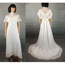Hippie Wedding Gown XS Vintage Off White Chiffon High Collar Lace Cape Dress. Hippie. Ivory. Dresses.
