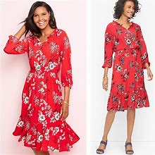 Talbots Dresses | Talbots Red White Floral Print 3/4 Sleeve Knee Length Fit & Flare Dress Szs | Color: Red/White | Size: S